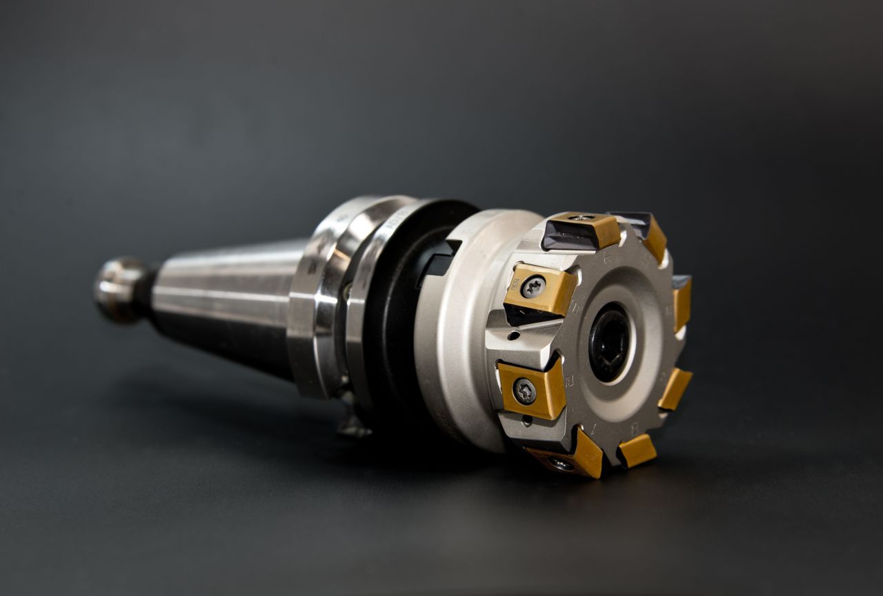 Close-up of a high precision CNC milling tool used for metalworking in industrial settings.